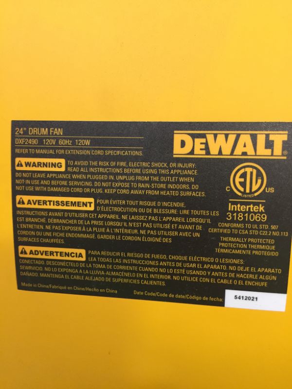 Photo 6 of DEWALT DXF-2490 High-Velocity Industrial, Drum, Floor, Barn, Warehouse Fan, Heavy Duty Air Mover with Adjustable Tilt & Large Wheel, 24", Yellow------WORKS FIN -----IT DOES HAVE A BROKEN BACK WHEEL VIEW PICTURES FOR REFERENCE 
