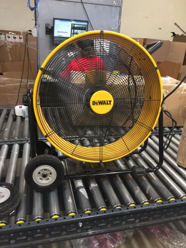 Photo 5 of DEWALT DXF-2490 High-Velocity Industrial, Drum, Floor, Barn, Warehouse Fan, Heavy Duty Air Mover with Adjustable Tilt & Large Wheel, 24", Yellow------WORKS FIN -----IT DOES HAVE A BROKEN BACK WHEEL VIEW PICTURES FOR REFERENCE 
