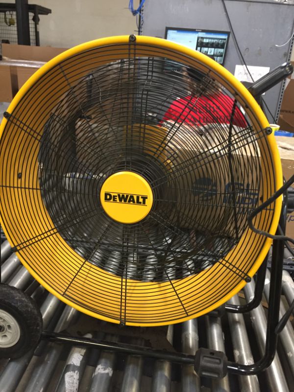 Photo 4 of DEWALT DXF-2490 High-Velocity Industrial, Drum, Floor, Barn, Warehouse Fan, Heavy Duty Air Mover with Adjustable Tilt & Large Wheel, 24", Yellow------WORKS FIN -----IT DOES HAVE A BROKEN BACK WHEEL VIEW PICTURES FOR REFERENCE 
