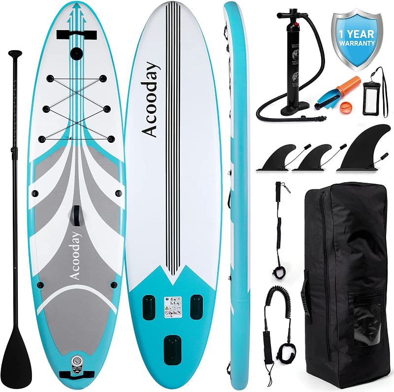 Photo 1 of Acooday Inflatable Paddle Board - Stand Up Paddleboards for Adults,11'x33”x6 Extra Wide SUP Boards with GoPro Camera Mount, 11ft Blow Up Paddleboard with Pump, Paddle, Backpack , Fin, Leash------UNABLE TO TEST FOR DAMAGES ----------THERE IS DAMAGE TO THE 