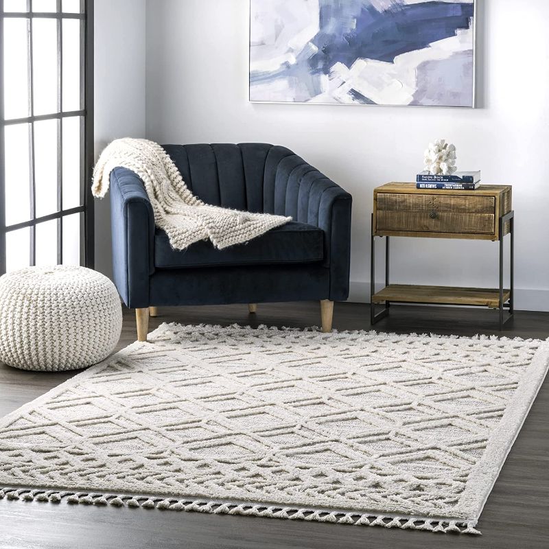 Photo 1 of Ansley Textured Lattice Tassel Beige 9 ft. x 12 ft. Area Rug
