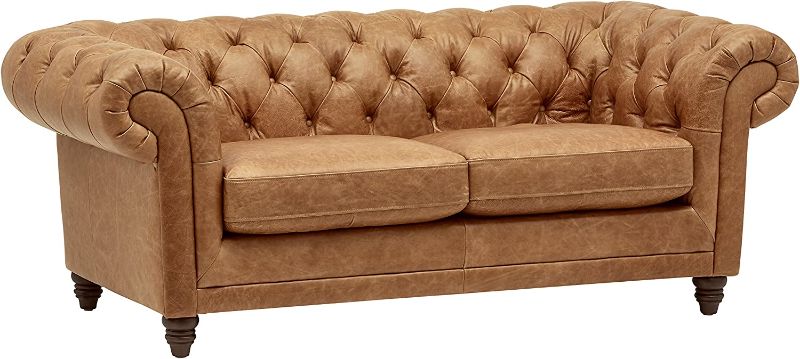 Photo 1 of Amazon Brand – Stone & Beam Bradbury Chesterfield Modern Tufted Leather Loveseat Sofa Couch, 78.7"W, Cognac
