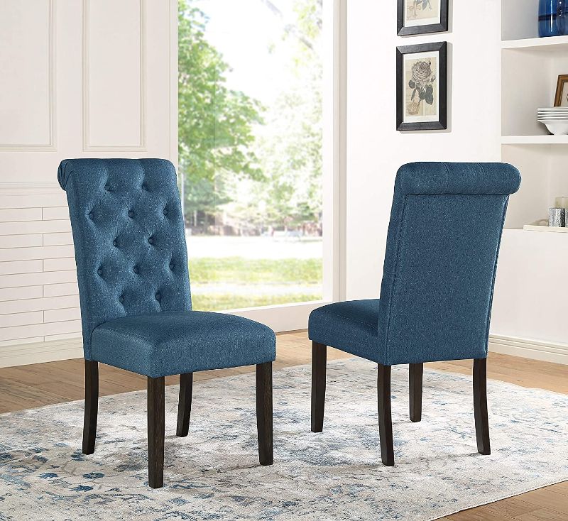 Photo 1 of Roundhill Furniture Leviton Solid Wood Tufted Parsons Dining Chairs, Set of 2, Blue
