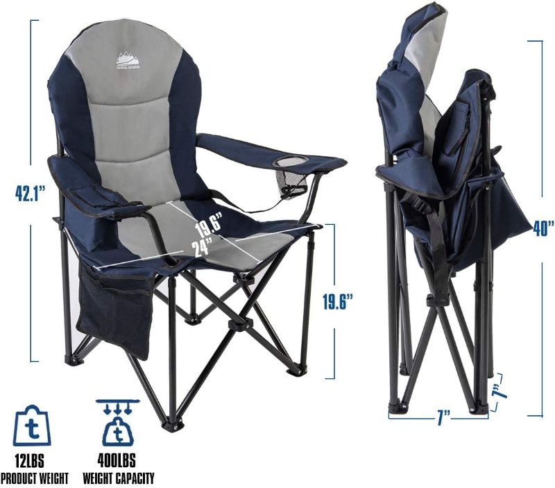 Photo 1 of Coastrail Outdoor Padded Camping Chair with Lumbar Back Support, Oversized Heavy Duty Lawn Chair Folding Quad Arm Chair with Cooler Bag, Cup Holder & Side Pocket, Supports 400lbs, Grey
