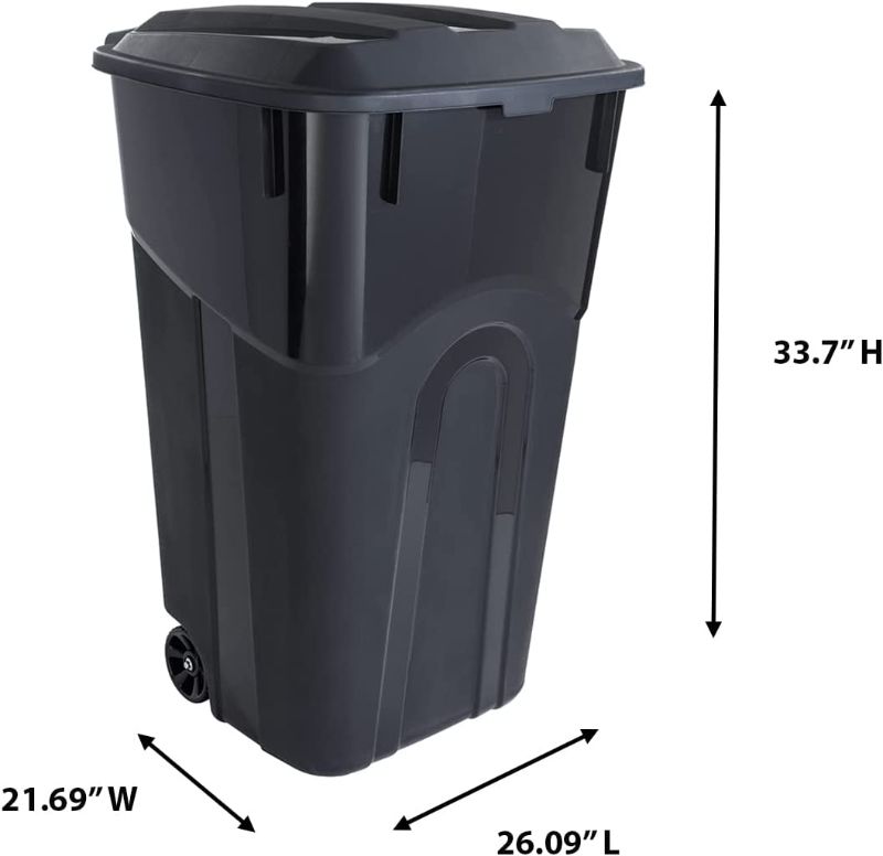 Photo 1 of 1 United Solutions 32 Gallon Wheeled Outdoor Garbage Can with Attached Snap Lock Lid and Heavy-Duty Handles, Black, Heavy-Duty Construction, Perfect Backyard, Deck, or Garage Trash Can