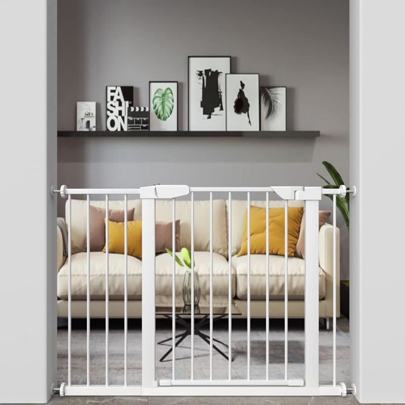 Photo 1 of ALLAIBB Walk Through Baby Gate Auto Close Tension White Metal Child Pet Safety Gates with Pressure Mount for Stairs,Doorways and Kitchen (White, 40.55"-43.31")
