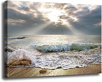 Photo 1 of Aijuyuan.Li Sea View Canvas Bathroom Decor Wall Art?Sunshine Waves Waves Landscape Pictures for Living Room Bedroom Home Artwork Stretch Suspension 24x36 Inch
