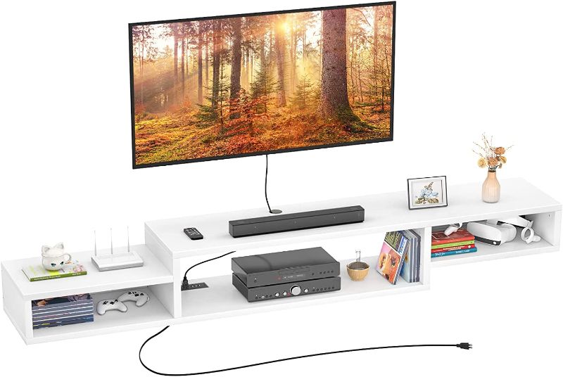 Photo 1 of Aheaplus Floating TV Stand Wall Mounted Entertainment Center with Power Outlet 70" Retro TV Stands Component Shelf, TV Media Console for 43/50/55/65/75 Inches TV, Under TV Shelf, White
