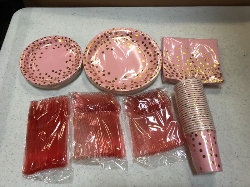 Photo 2 of 175PCS Pink and Rose Gold Glitter Party Supplies, Severs 25 Disposable Party Dinnerware, Plastic Forks Knives Spoons, Golden Dot Paper Plates, Napkins Cups for Baby Shower, Birthday, Wedding
