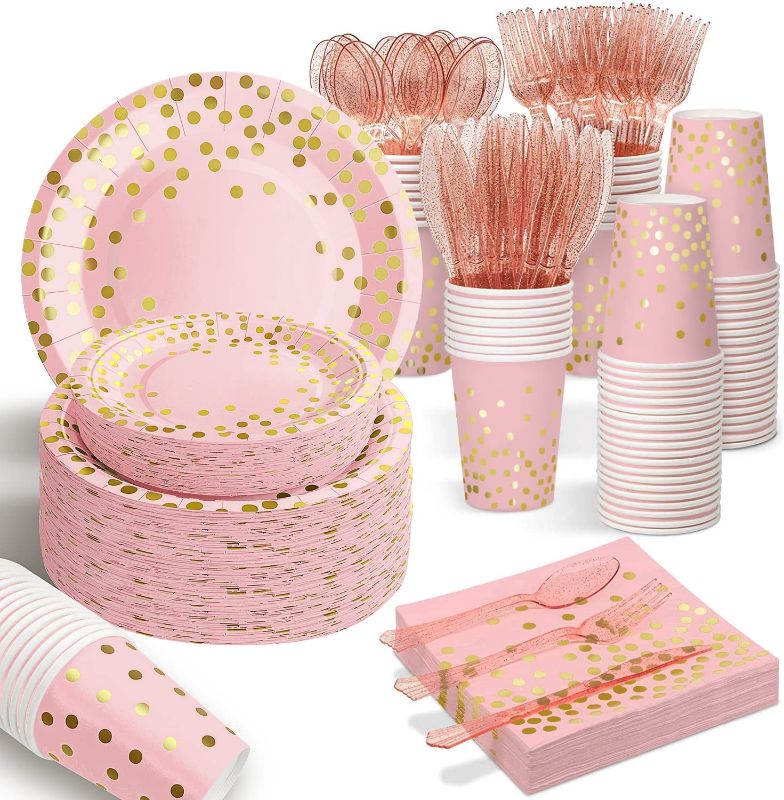 Photo 1 of 175PCS Pink and Rose Gold Glitter Party Supplies, Severs 25 Disposable Party Dinnerware, Plastic Forks Knives Spoons, Golden Dot Paper Plates, Napkins Cups for Baby Shower, Birthday, Wedding
