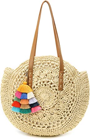 Photo 1 of BLUE Straw Bag Round Summer Straw Large Woven Beach Bag Purse For Women Vocation Tote Handbags With Pom Poms
