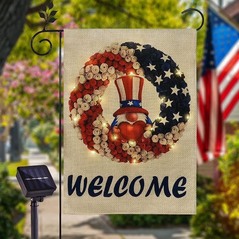 Photo 1 of 4th of July Garden Flags Welcome Wreath Solar Lighted Flag for Double Sided Burlap Independence Day Yard Flag For Outdoor Decorations Garden Decor (12"x18" with LED Lights)