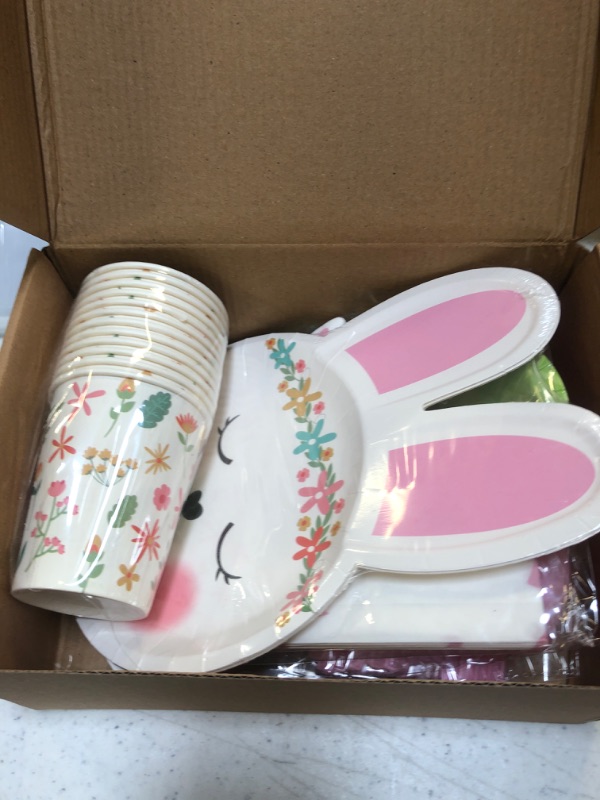 Photo 2 of Bunny Party Supplies | Rabbit Themed 1st Birthday, Dinnerware Set Pack of 68 | 7in 10in Plates 3 Ply Napkins, Cups and Cup Sleeves with Knife Fork and Spoon Set Birthday Party Decorations