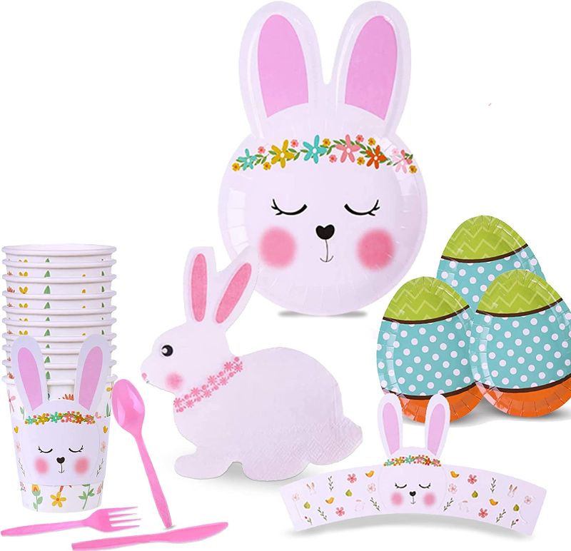 Photo 1 of Bunny Party Supplies | Rabbit Themed 1st Birthday, Dinnerware Set Pack of 68 | 7in 10in Plates 3 Ply Napkins, Cups and Cup Sleeves with Knife Fork and Spoon Set Birthday Party Decorations