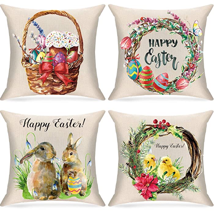 Photo 1 of 4 Pieces Happy Easter Pillow Covers Set, Color Eggs Wreath Bunny Rabbit Spring Greetings Flowers Home Office Decorative Throw Pillow Case Easter Cushion Cover for Sofa Couch Bed Car, 18 x 18 Inch  DESIGNS MAY VARY