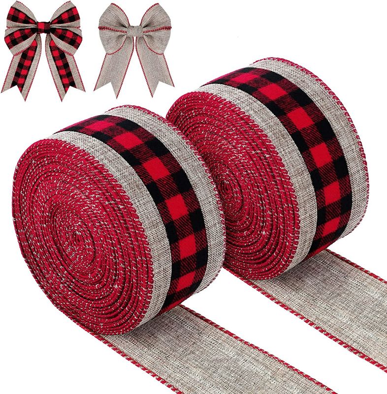 Photo 1 of ADXCO 2 Rolls Christmas Buffalo Plaid Ribbon Burlap Wired Ribbon Buffalo Check Ribbon 21.8 Yards Christmas Red and Black Fabric Ribbon for Gift Wrapping, Craft Decoration(2 Inch Width)
