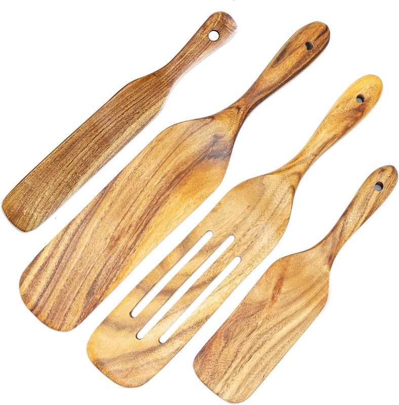 Photo 1 of 4 PCS Wooden Spurtles Kitchen Tools, 100% Healthy Natural Beech, Non-stick, Non-Coating Cooking Utensil Set, Heat Resistance, Durable Wood Slotted Spatula for Salad Mixing, Cake Making, Steak Frying
