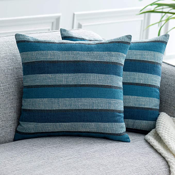 Photo 1 of 2 Pieces Decorative Classic Retro Stripe Throw Pillow Cover with Hidden Zipper Soft Faux Linen Modern Farmhouse Cushion Case for Sofa Bedroom Car 20 x 20 Inch Multi Blue
