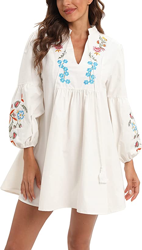 Photo 1 of Aox Women Retro Lanter Sleeve Floral Embroidered Boho A line Loose Short Shift Swing Dress
m
