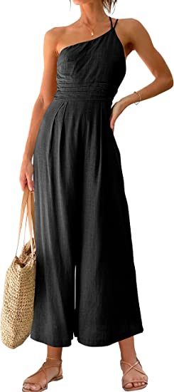 Photo 1 of ANRABESS Women's Summer Straps One Shoulder Pleated High Waist Casual Wide Leg Jumpsuit Romper with Pockets
xl