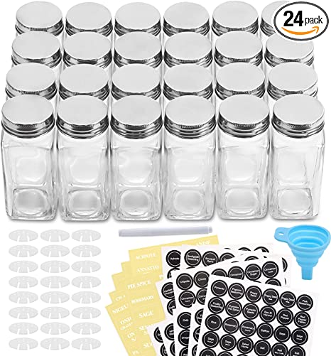 Photo 1 of Aozita 24 Pcs Glass Spice Jars/Bottles - 4oz Empty Square Spice Containers with 612 Spice Labels - Shaker Lids and Airtight Metal Caps - Silicone Collapsible Funnel Included