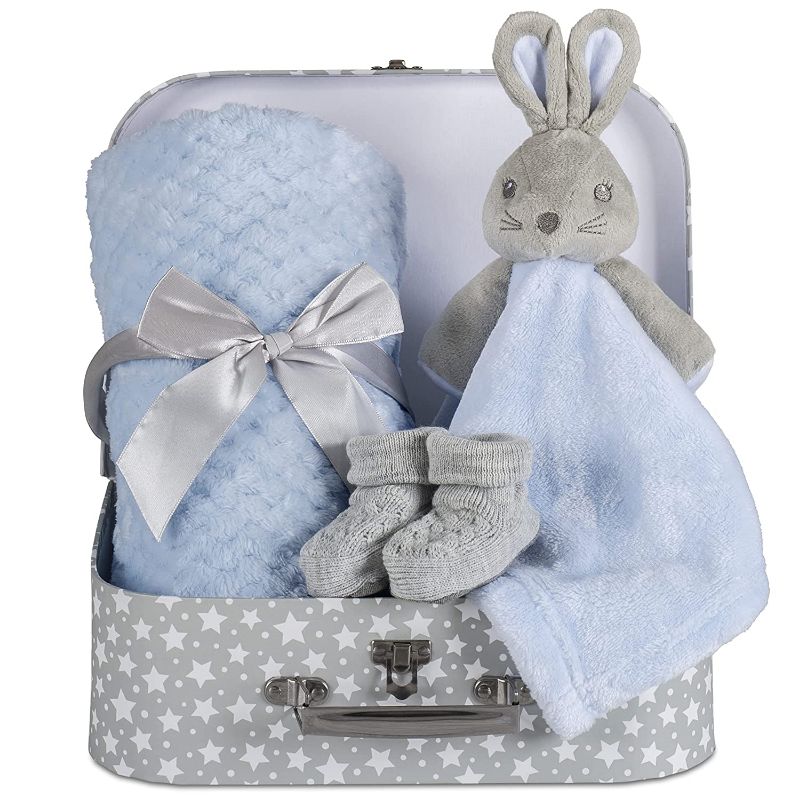 Photo 1 of Baby Gift Set, Baby Blanket – New Born Baby Gifts Baby Bunny Security Blanket Soft Fleece, Blue Fuzzy Blanket, Knit Booties & Welcome Baby Gift Basket – Boy Gifts for Baby Shower & Newborn Baby Lovey
