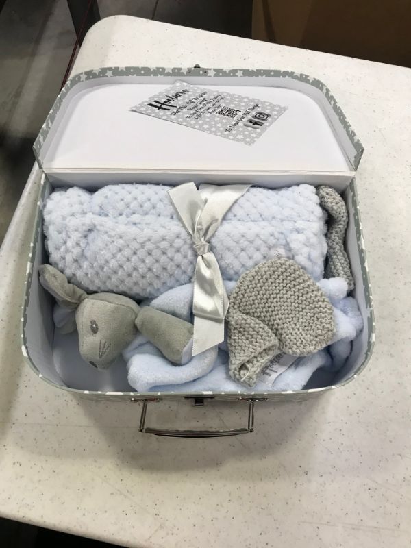 Photo 2 of Baby Gift Set, Baby Blanket – New Born Baby Gifts Baby Bunny Security Blanket Soft Fleece, Blue Fuzzy Blanket, Knit Booties & Welcome Baby Gift Basket – Boy Gifts for Baby Shower & Newborn Baby Lovey
