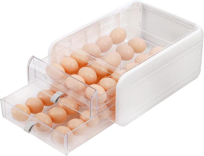 Photo 1 of ZENFUN 2 Tier 36 Grids Drawer Type Egg Holder with Handles, Clear Plastic Stackable Egg Tray Refrigerator Egg Fresh Storage Container, Egg Carrier Box for Fridge, Kitchen, White
