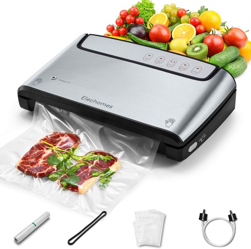 Photo 1 of Elechomes Vacuum Sealer, Built-in Bag Storage and Cutter, 85KPA Powerful Suction Food Sealer Machine, Dry and Moist Food Preservation with Bags and Roll Starter Kit, Easy to Clean, Brushed Stainless Steel
