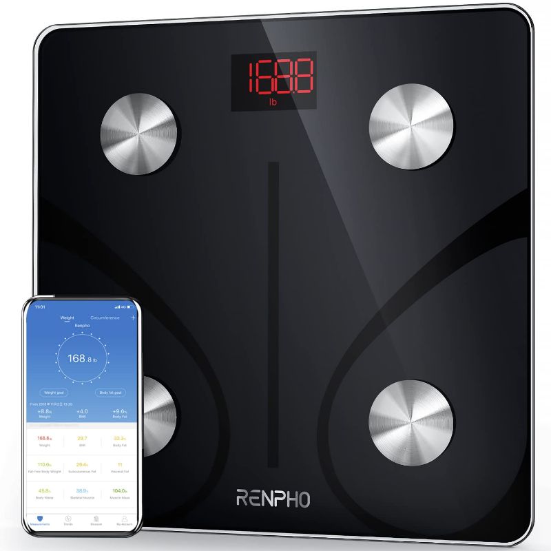 Photo 1 of RENPHO Smart Scale for Body Weight, Digital Bathroom Scale BMI Weighing Bluetooth Body Fat Scale, Body Composition Monitor Health Analyzer with Smartphone App, 400 lbs - Black
