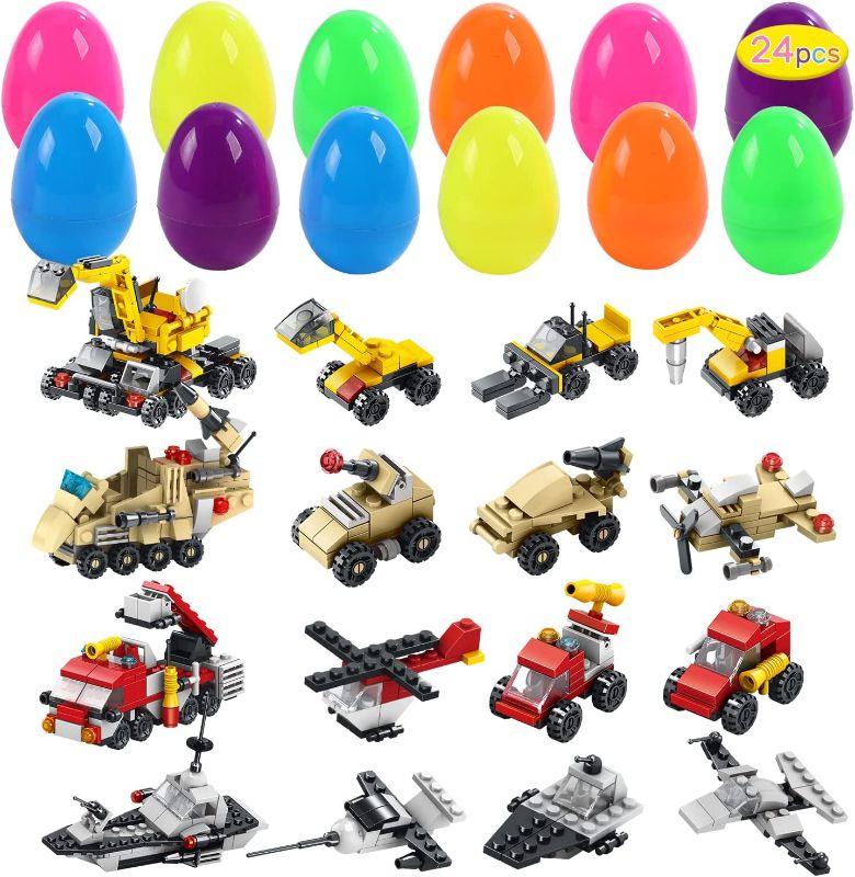 Photo 1 of 24 Pack Filled Easter Eggs with Building Blocks Sets, Easter Basket Stuffers Easter Party Favors for Boy, Girls and Kids
