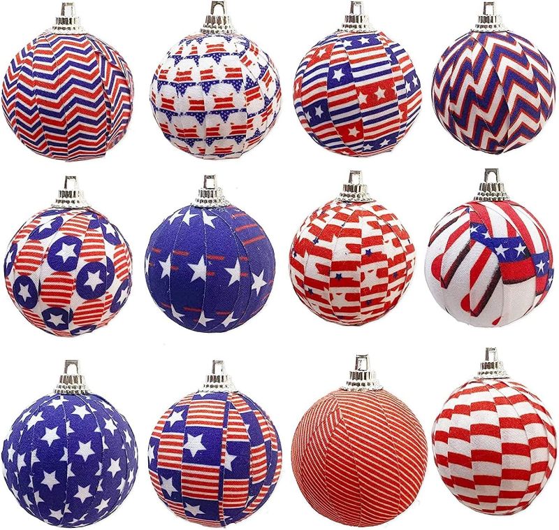 Photo 1 of 12 PCS 4th of July Ball Ornament- American USA Independent Day Balls USA Themed Wrapped Balls Hanging Ornaments Decorations for 4TH of July Christmas Day Party
