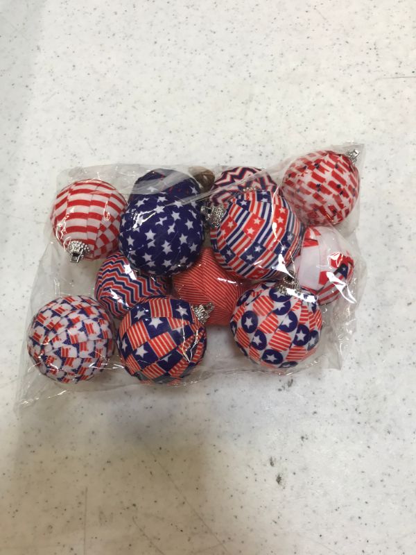 Photo 2 of 12 PCS 4th of July Ball Ornament- American USA Independent Day Balls USA Themed Wrapped Balls Hanging Ornaments Decorations for 4TH of July Christmas Day Party
