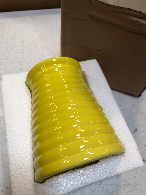 Photo 1 of 5.7-Inch Modern Ribbed Design Small Yellow Ceramic Decorative Tabletop Centerpiece Vase/Flower Pot