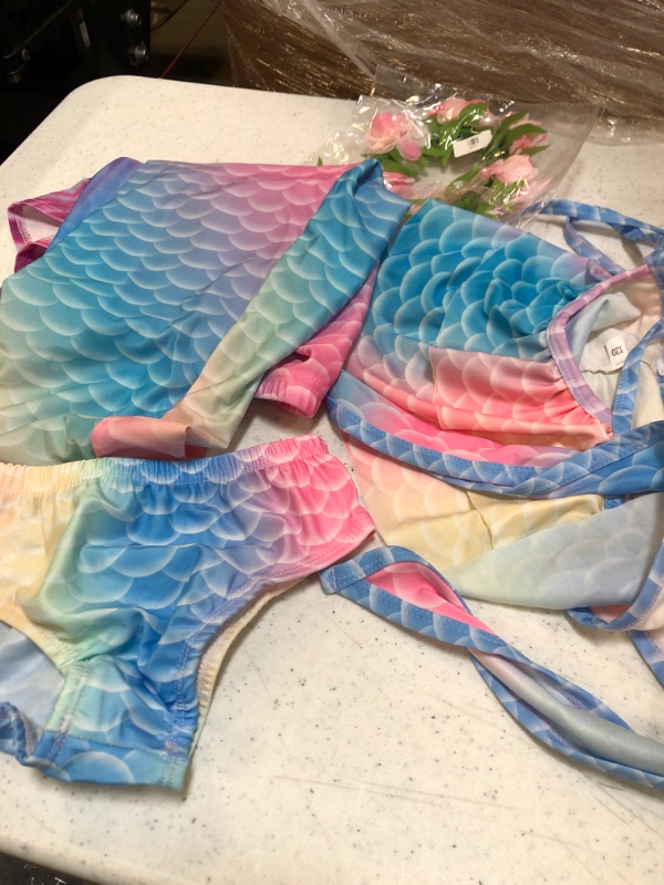 Photo 1 of Bxysxly 5Pcs Kids Swimsuit Mermaid Tails for Swimming for Girls Bikini Costume Sets with Flower Headband (No Monofin)  SIZE UNKNOWN