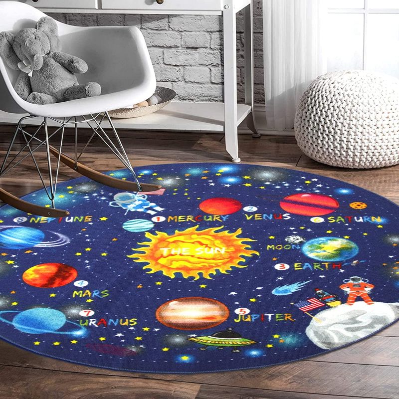 Photo 1 of HEBE 4Ft Round Kids Area Rug Solar System Educational Learning Carpet Non Skid Washable Nursery Area Rug Soft Crawling Play Mat for Children Toddlers Bedroom Playroom,