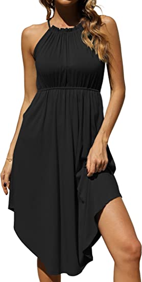 Photo 1 of Aifer Women's Casual Sleeveless Halter Neck Elegant Side Slit Solid Color Midi Dress with Pockets M
