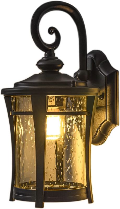 Photo 2 of  Exterior Light Fixture Wall Mount 13.68" H Outdoor Porch Light for House, with Clear Seeded Glass Shade, Anti-Rust Aluminum Wall Lantern Waterproof Outside Wall Sconces for Garage, Doorway 6.69x13.68x7.66 inches 
