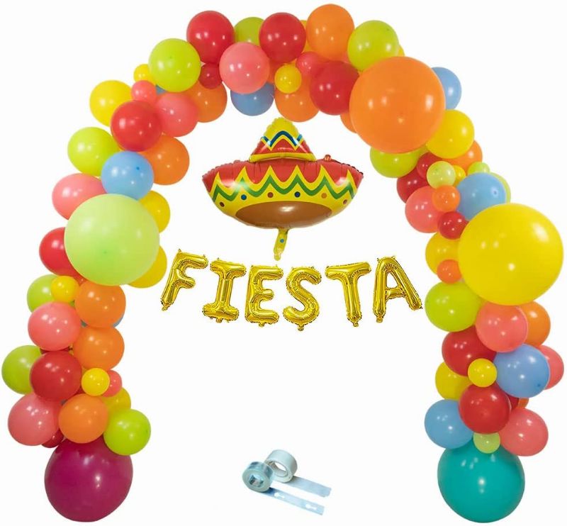 Photo 1 of 114Pcs Mexican Fiesta Balloon Arch Garland Kit, 18" 12" 5" Fiesta Balloons with Big Mexican Hat 16 Inch FIESTA Letters Foil Balloons for Mexican Fiesta Cactus Party Decoration Baby Shower Cinco De Mayo Party Supplies
