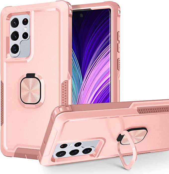 Photo 1 of S_Star Compatible with Galaxy S22 Ultra Case, Rugged Shockproof Heavy Duty Soft TPU Rubber Bumper Hybrid Protective Case [with Ring Stand] for Samsung Galaxy S22 Ultra (6.8") 2022 - Pink
