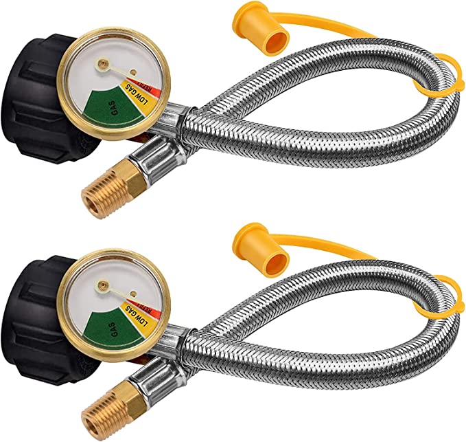 Photo 1 of 2 Pack 1/4" NPT RV Propane Pigtail Hose with Gauge, 15 inch 1/4" Male NPT Propane Hose with QCC1, RV lp Pigtail Hose Connector for Standard 2-Stage Regulator