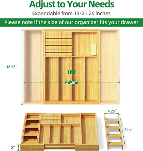 Photo 2 of  Expandable Silverware Organizer with Cutlery Organizer in Drawer, Flatware Utensil Organizer with Knife Organizer, Bamboo Kitchen Drawer Organizer for Large Utensils, Silverware Tray for Drawer