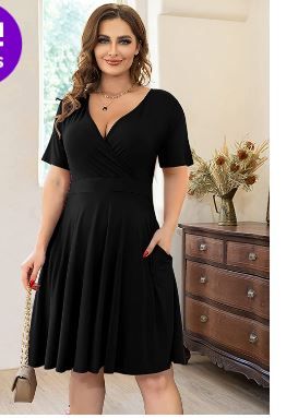 Photo 1 of  Womens Plus Size Dresses Short Sleeve Faux Wrap Causal Swing Dress with Pockets, L3XL