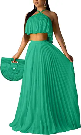 Photo 1 of Aro Lora Women's Sexy Chiffon Sleeveless Ruffle Crop Top Pleated Long Skirt 2 Piece Maxi Dress - SMALL