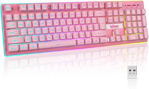 Photo 1 of RedThunder K10 Wireless Gaming Keyboard, Rechargeable 3000mAh 2.4G LED Backlit Wireless Keyboard, Ergonomic Keyboard with Mechanical Feeling Keys for PC PS4 Xbox One Mac, Teclado Gamer, Pink
