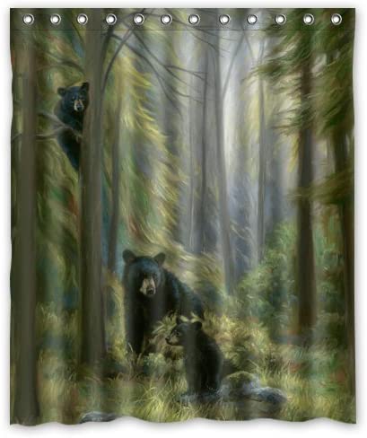 Photo 1 of 60"x72" Inches Shower Curtain - Black Bear Family In The Forest Shower Curtain,Shower Rings Included
