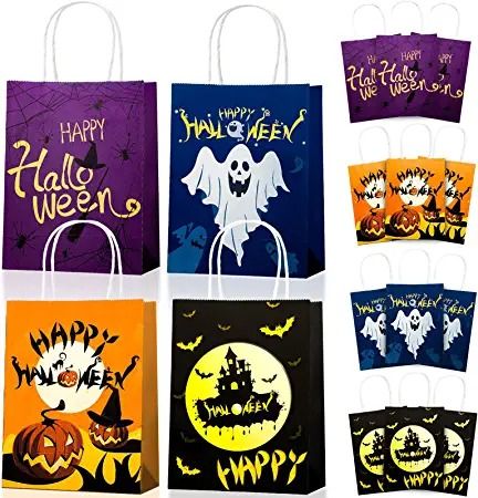 Photo 1 of 12 Pieces Halloween Party Favor Bag Halloween Candy Bag Trick or Treat Bags Halloween Paper Bags with Handle, 4 Styles for Pumpkin Decoration, Birthday Party, Halloween Themed Party Supplies Favors 2 COUNT 