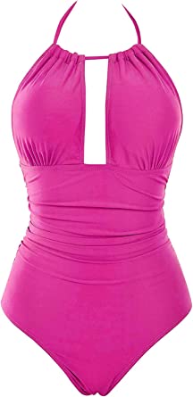 Photo 1 of B2prity Women's Slimming One Piece Swimsuits Tummy Control Bathing Suit Halter Retro Swimwear for Big Busted Curvy Woman 5XL
