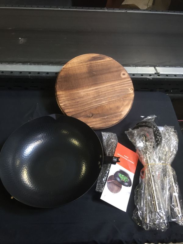 Photo 2 of 12.8"Carbon Steel Wok - 11Pcs Woks and Stir Fry Pans with Wooden Handle and Lid,10 Cookware Accessories,For Electric,Induction and Gas Stoves
