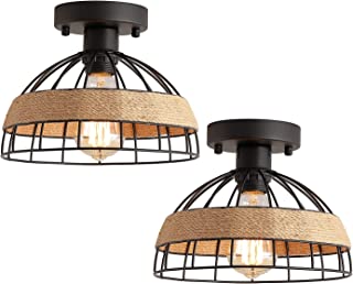 Photo 1 of 2 Pack Black Industrial Woven Semi Flush Mount Ceiling Light Fixture?Small Rattan Dome Farmhouse Shade Lighting for Porch Hallway Bedroom Kitchen
